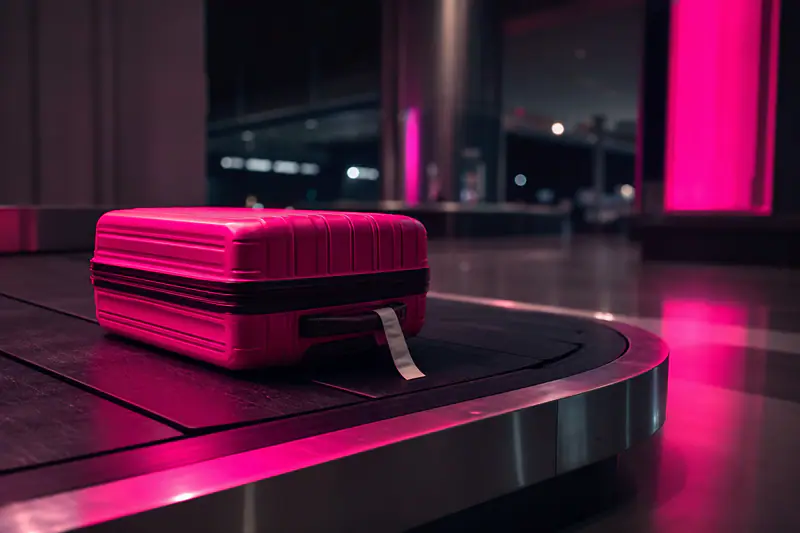 Valise seule sur un tapis à bagages arrêté dans un terminal d’aéroport désert la nuit