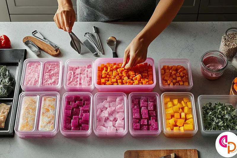 Portions de plats estivaux étiquetées prêtes à être congelées dans une cuisine.