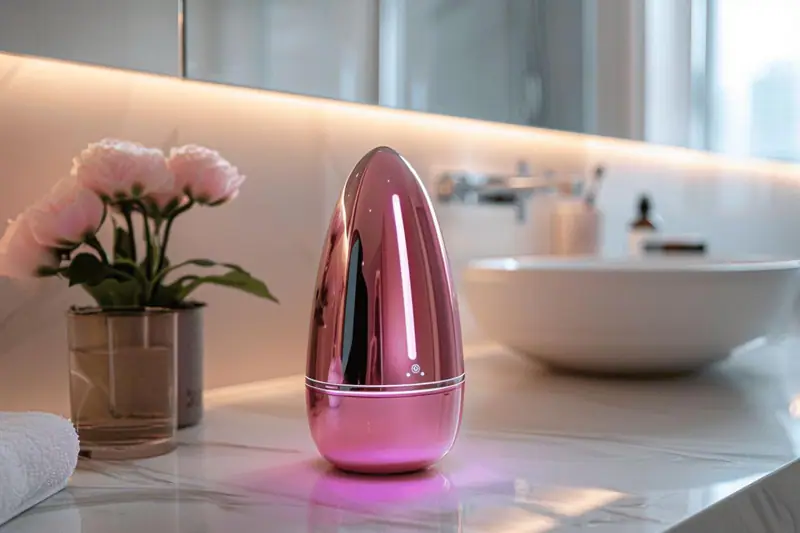 Masque LED, appareil IPL et soins visage posés dans une salle de bains.