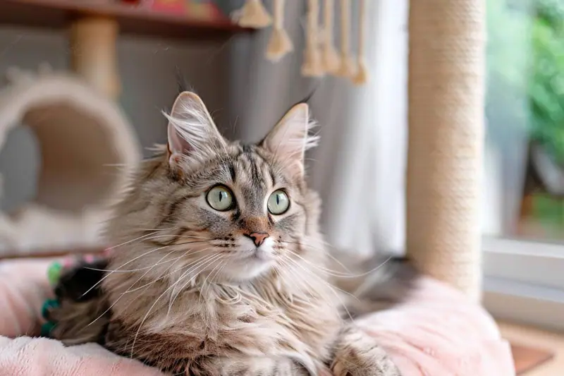 Chat tigré venant frotter sa joue contre la main calme d’une femme