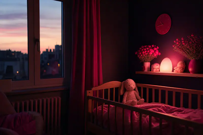 Chambre d’enfant au crépuscule, lit à barreaux, peluche, veilleuse allumée et rideaux épais