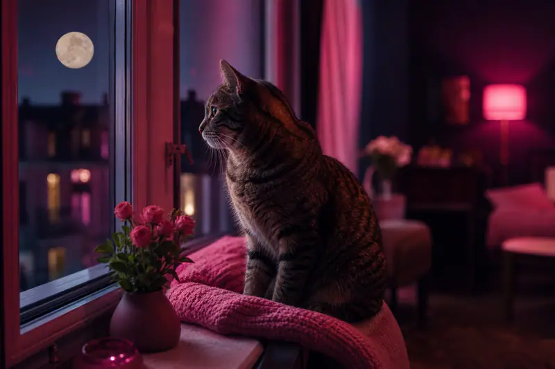 Chat assis et éveillé près d’une fenêtre la nuit, ambiance calme et lumière tamisée