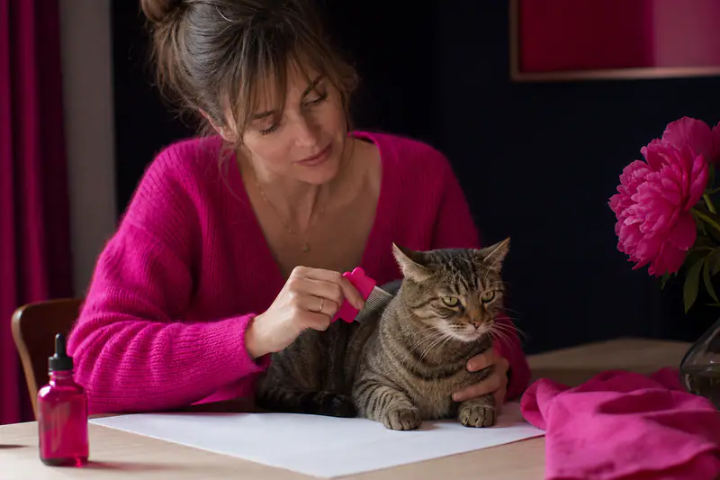 Femme examinant le pelage de son chat avec un peigne à puces au-dessus d’une feuille blanche