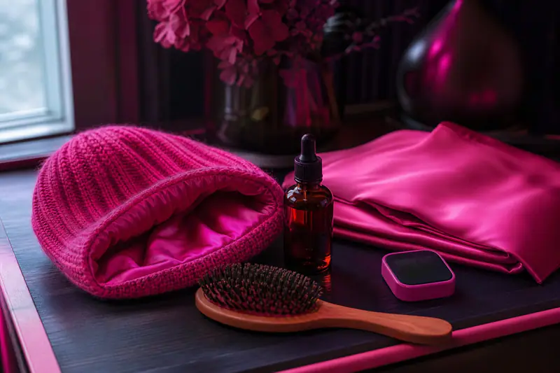 Bonnet doublé de satin, brosse en bois, huile capillaire et taie en soie sur une coiffeuse