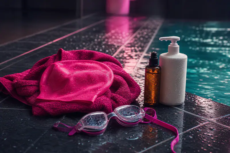 Bonnet de bain rose, lunettes et flacon de soin posés sur le carrelage mouillé d’une piscine