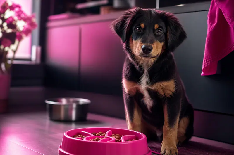 Jeune chien assis à côté d’une gamelle anti-glouton dans une cuisine
