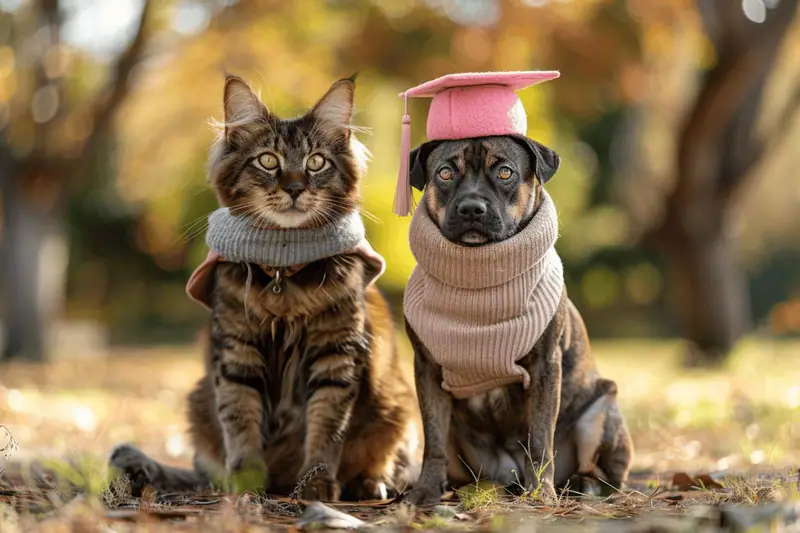 Un chien suit un geste tandis qu’un chat explore un jeu de réflexion.