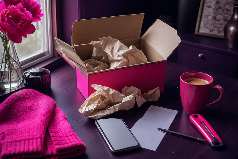 Carton de livraison vide ouvert sur un bureau avec téléphone et bon de commande
