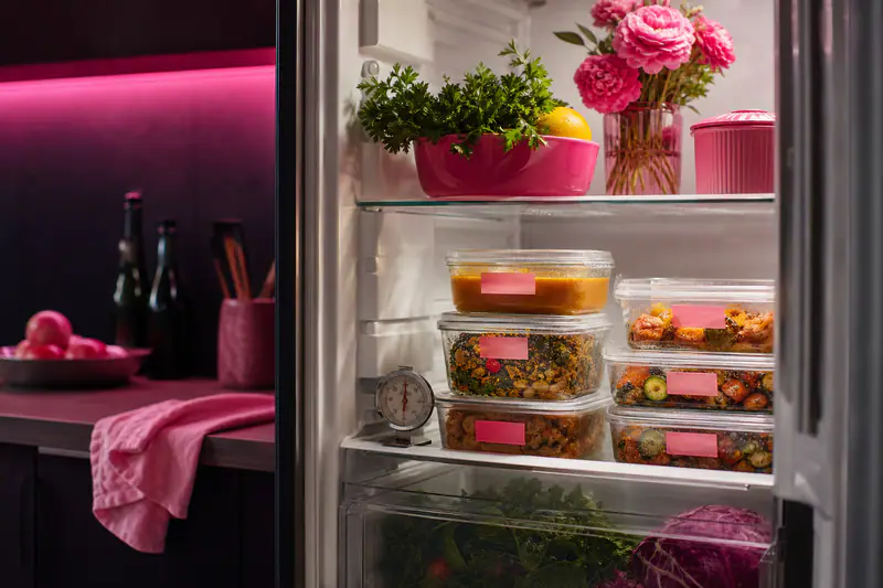 Étagère de réfrigérateur avec des boîtes en verre de restes étiquetées et un thermomètre
