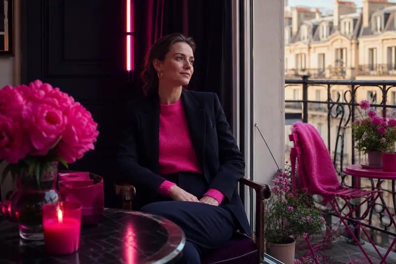 Femme portant un blazer ivoire et pantalon marine au style minimaliste féminin.