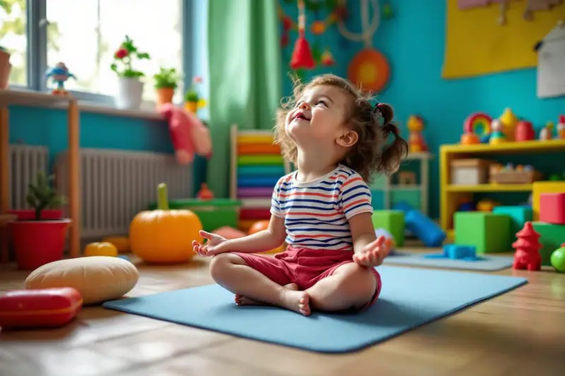 Une mère accompagne calmement son enfant contrarié dans le salon familial.