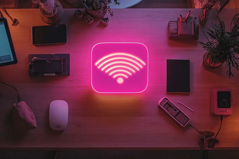 Femme repositionnant une box Wi-Fi dans un appartement lumineux avec ordinateur et câble Ethernet.