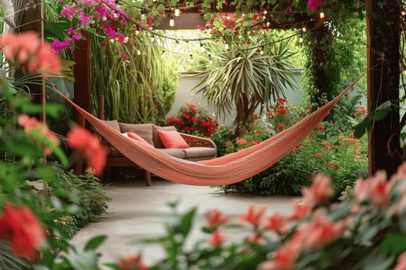 Coin détente de jardin avec fauteuils, gravier, parasol et plantes en pots