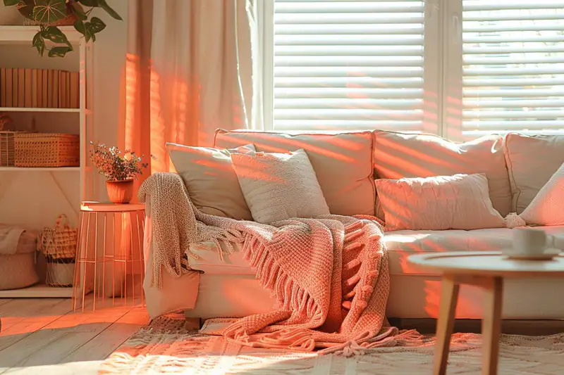 Salon cosy fonctionnel avec canapé beige, tapis, lampes chaudes et rangement discret