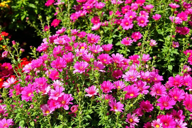 Massif fleuri rose, mauve et blanc avec feuillages argentés et pots terracotta.