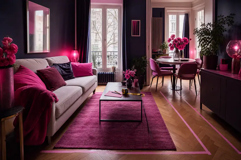 Salon compact avec meubles espacés et passage central clairement dégagé.