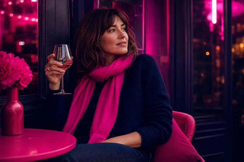 Femme portant une blouse en soie avec jean brut et blazer en laine