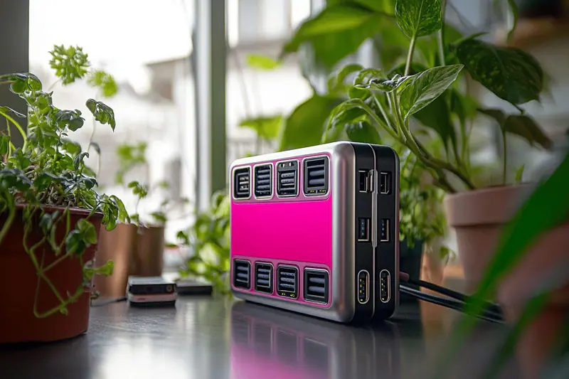 Chargeur USB-C rapide, câble et téléphone posés près d’un ordinateur portable