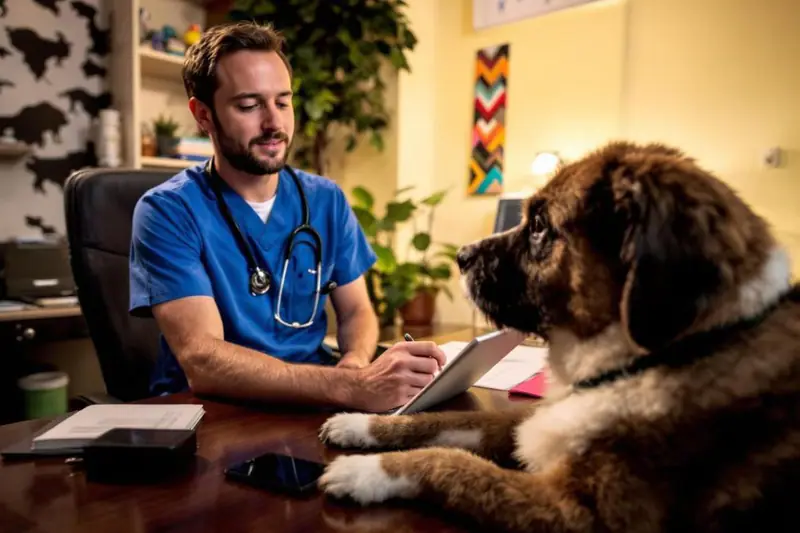 Vétérinaire examinant un chat tandis que sa propriétaire consulte son carnet de santé