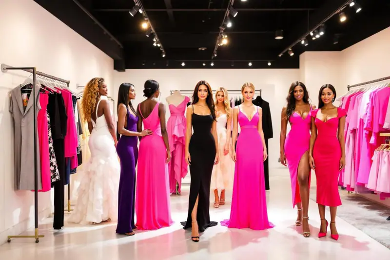 Femme comparant plusieurs robes selon l’occasion devant un miroir lumineux