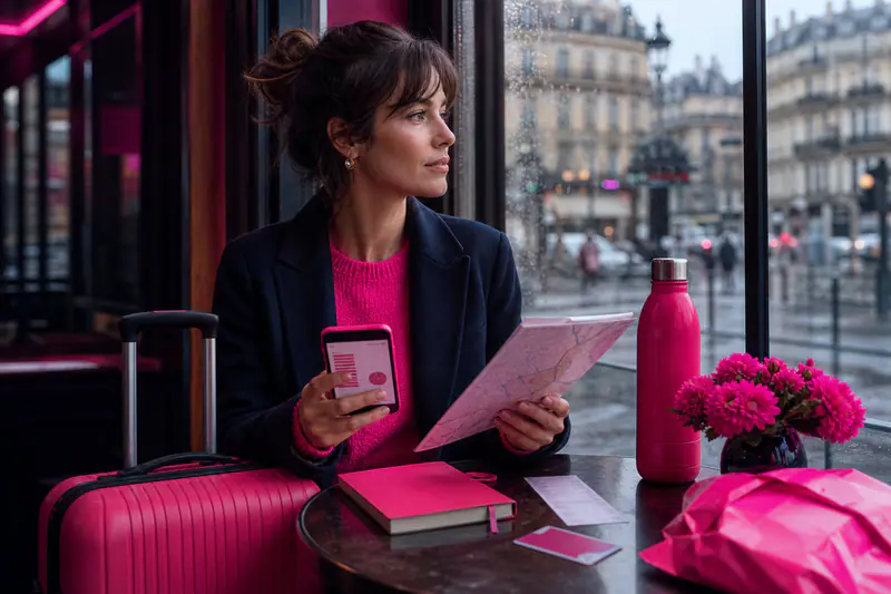 Voyageuse comparant ses dépenses avec smartphone, tickets et carnet dans une gare d’hiver.