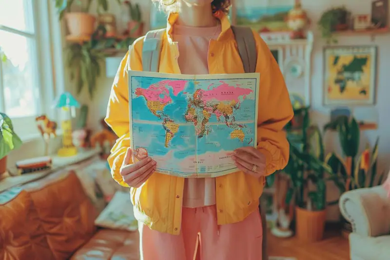 Voyageuse organisant son tour du monde avec carte, ordinateur et sac cabine