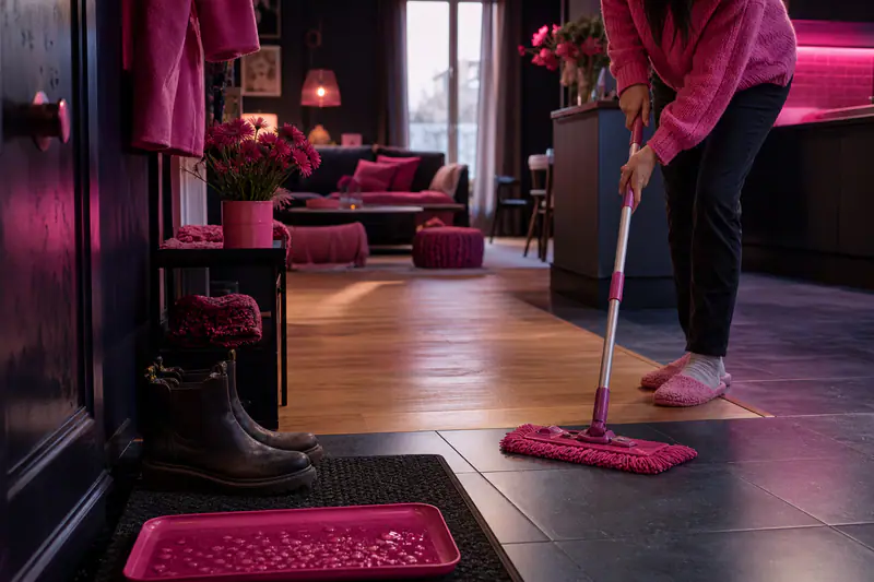 Entrée et séjour avec sols bois et carrelage entretenus en hiver