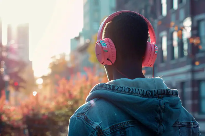 Femme portant un casque audio dans un train en hiver
