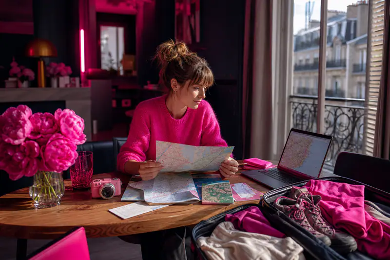 Voyageuse comparant cartes, billets et itinéraires pour choisir sa destination