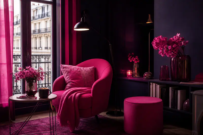 Coin lecture cosy près d’une fenêtre avec fauteuil, liseuse et plaid d’automne