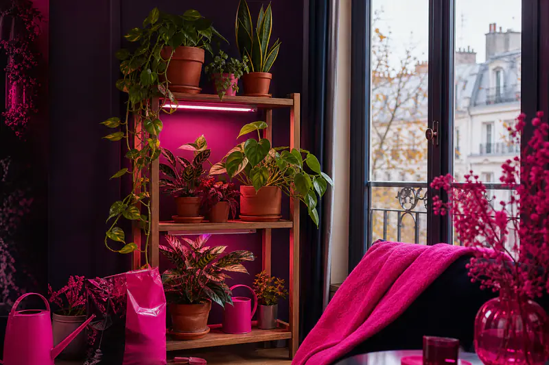 Petit jardin d’intérieur sur étagère près d’une fenêtre en automne