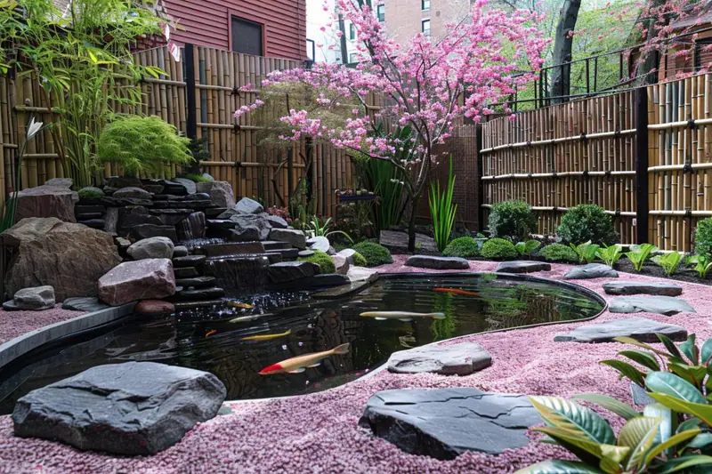 Petit jardin zen hivernal avec banc en bois, gravier ratissé et feuillages persistants