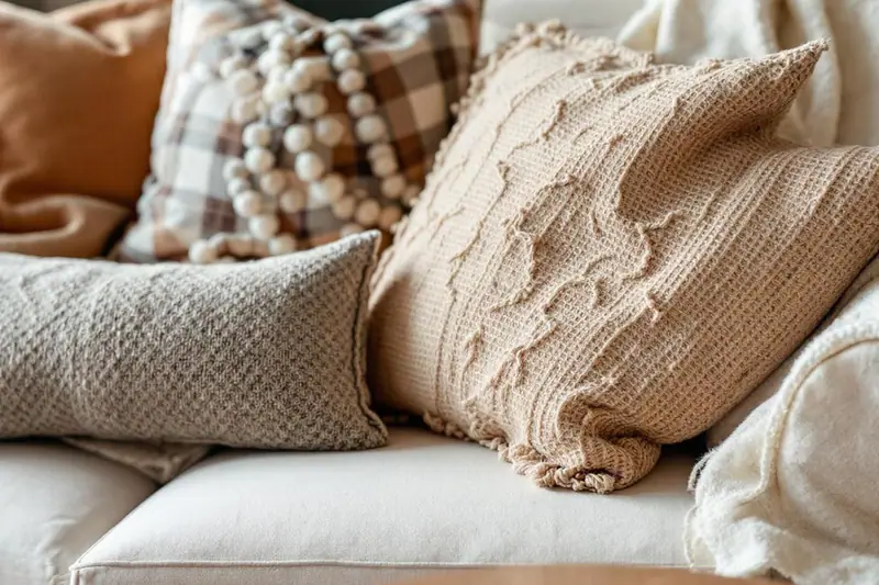 Salon cocooning d’été avec lin lavé, tapis en laine et lampe chaude
