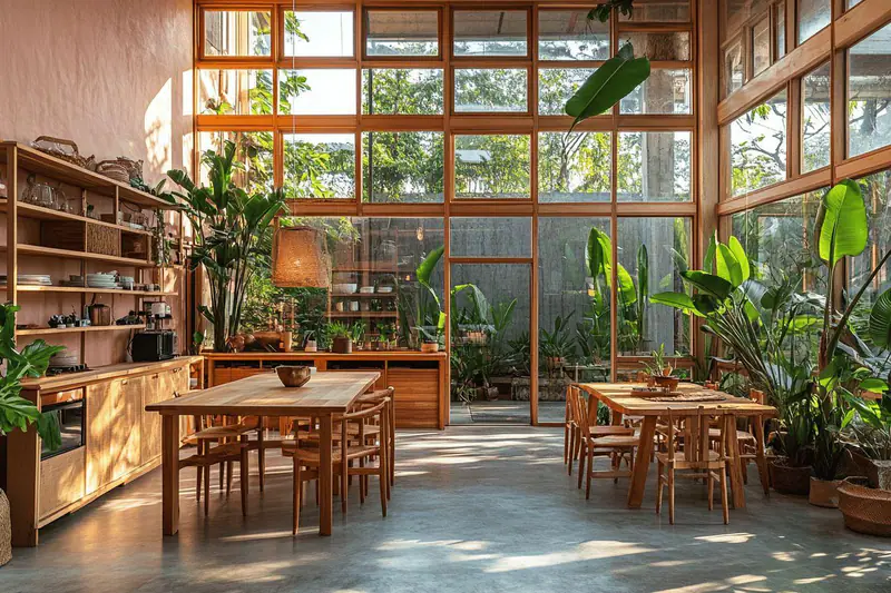 Salon durable avec meuble chiné rénové, rideaux en lin et plantes d’intérieur