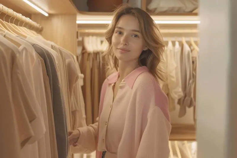 Femme composant une garde-robe capsule d’automne devant un portant organisé