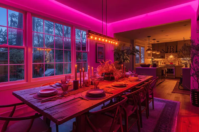 Salle à manger chaleureuse avec table ronde, lumière douce et assises confortables