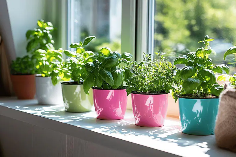 Trois plantes aromatiques en pots sur un rebord de fenêtre lumineux