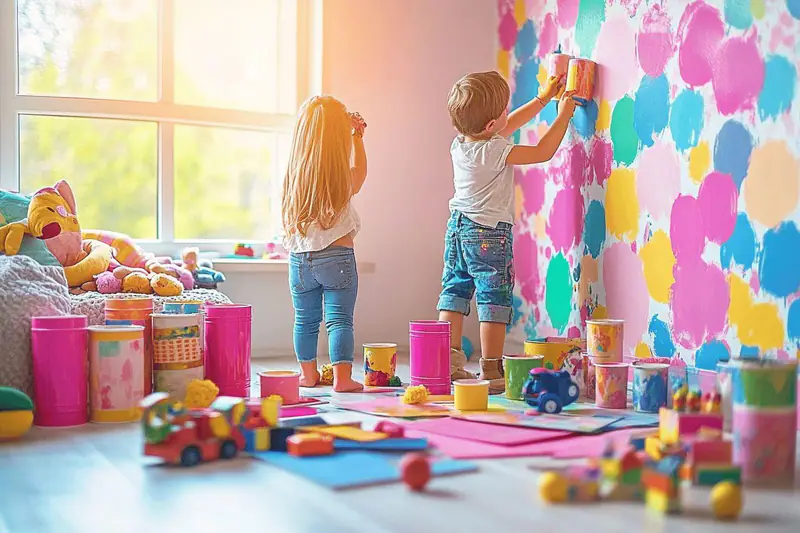 Mère et enfants choisissant ensemble la décoration d'une chambre lumineuse.