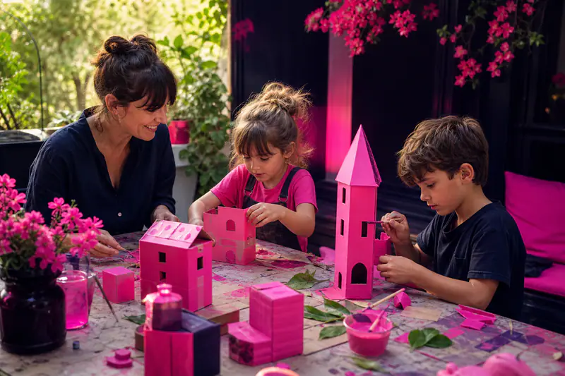 Deux enfants fabriquent une ville en carton sur une terrasse d’été