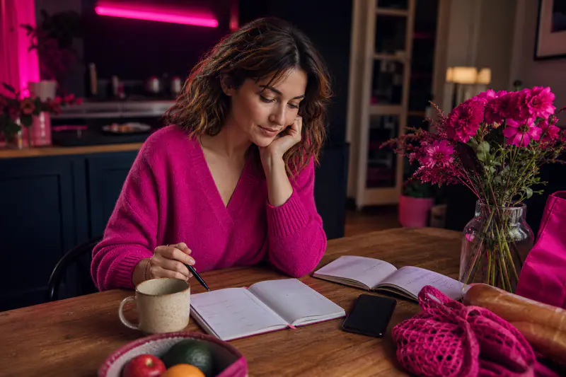 Femme organisant son agenda et ses priorités autour d’une table en automne