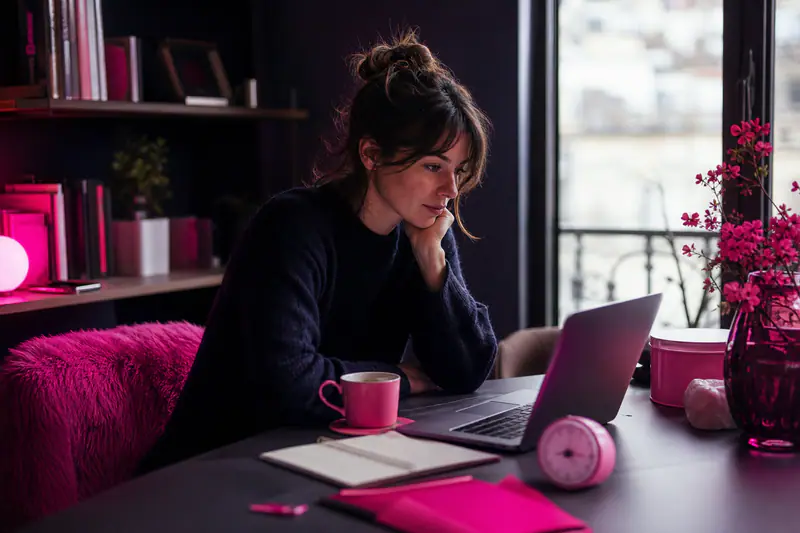 Femme concentrée devant son ordinateur, téléphone éloigné et minuteur sur le bureau.