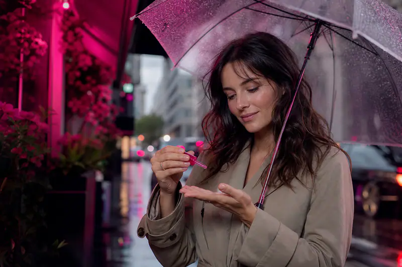Femme appliquant un sérum anti-frisottis sous une pluie de printemps