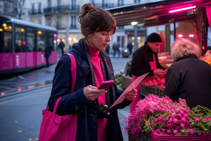 Voyageuse comparant une carte hors ligne devant un marché local en automne
