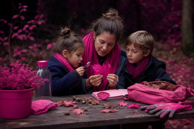 Une mère et ses enfants observent des feuilles d’automne dans un parc.