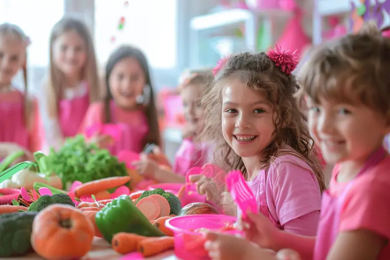 Une mère et ses enfants préparent des légumes d’hiver dans une cuisine.