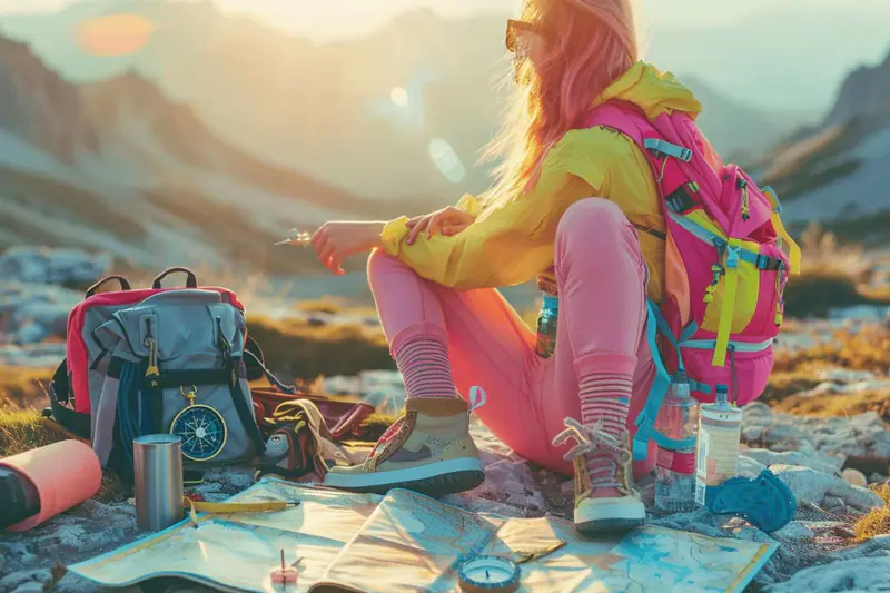 Femme explorant un quartier français en hiver avec sac et appareil photo