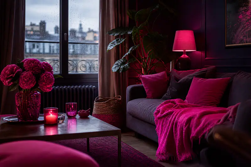 Salon d’automne apaisant avec lampe chaude, plaid, rangement et plante