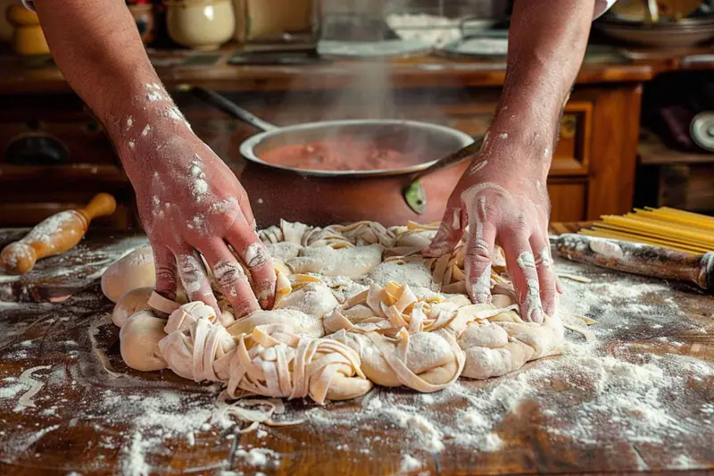 Mains étalant des pâtes fraîches au rouleau sur un plan fariné