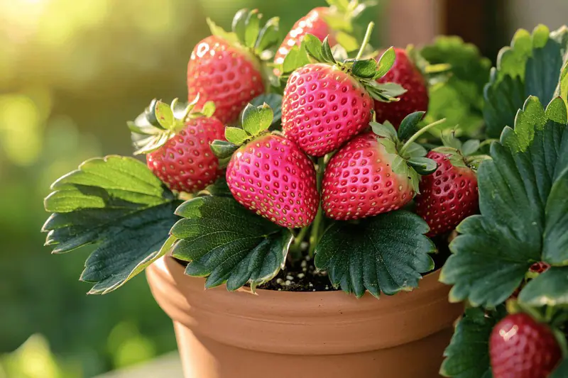 Trois fraisiers en pots chargés de fruits sur un balcon ensoleillé