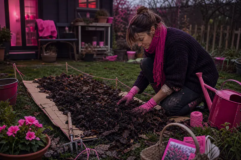 Débutante préparant une petite planche potagère avec carton et compost en automne